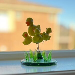 Handblown Yellow Duck Family Figurine 3”